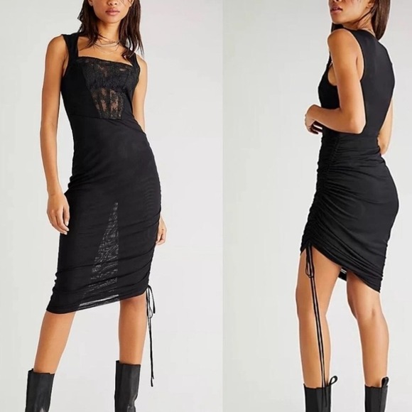 Intimately Free People Ruched Dress Lace Corset Coral Midi Bodycon Party - Picture 1 of 11